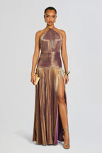 Plisowana sukienka maxi z dekoltem halter