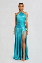 Plisowana sukienka maxi z dekoltem halter