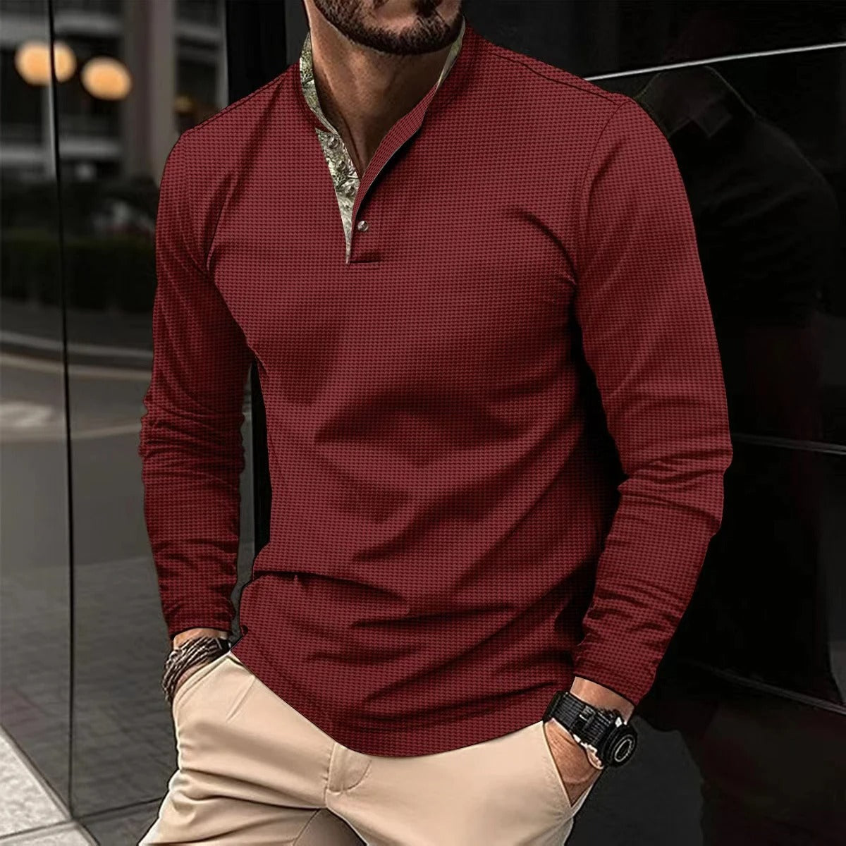 Męska Koszulka Henley z Długim Rękawem