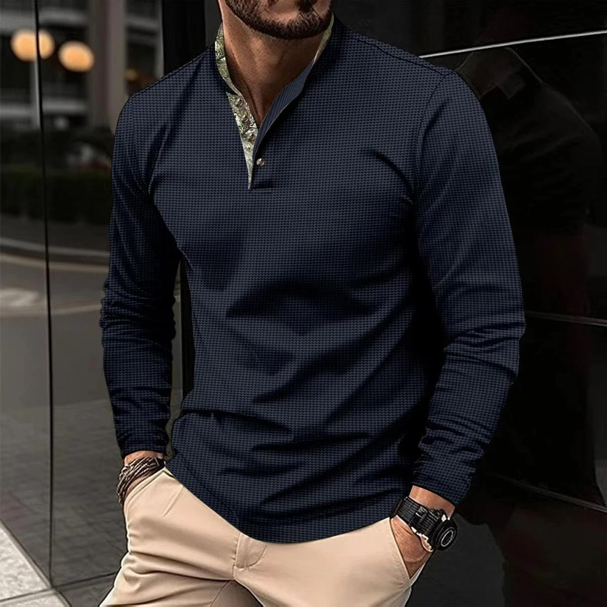 Męska Koszulka Henley z Długim Rękawem