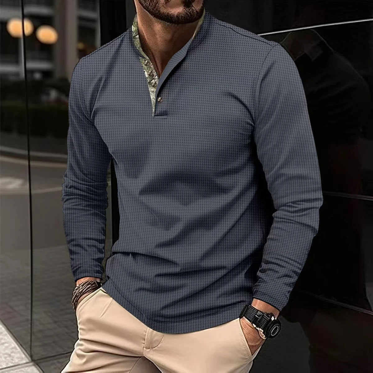 Męska Koszulka Henley z Długim Rękawem
