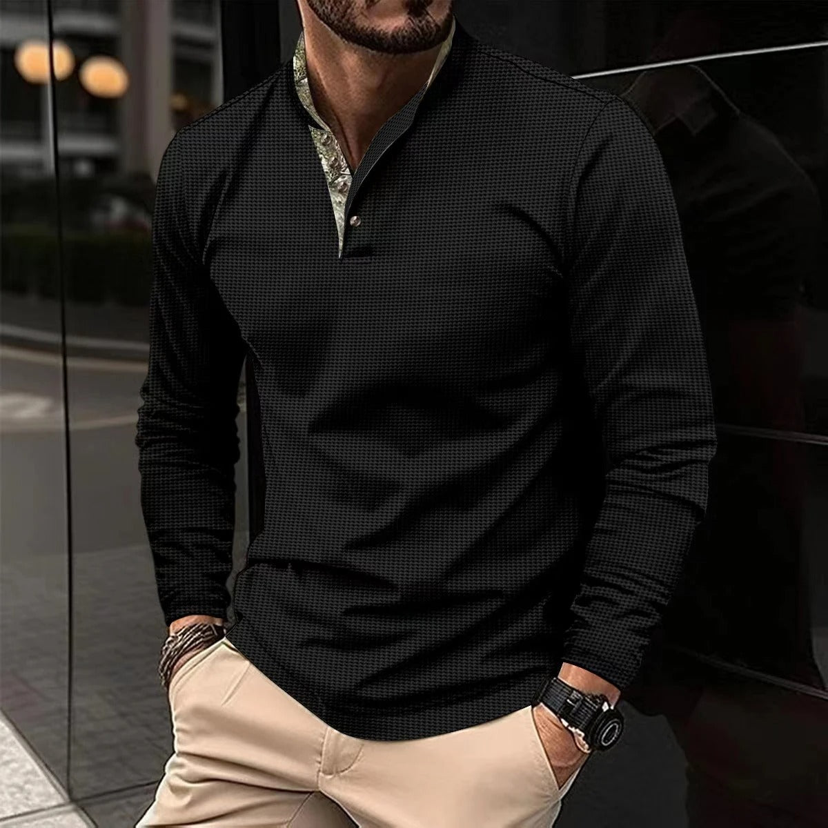 Męska Koszulka Henley z Długim Rękawem