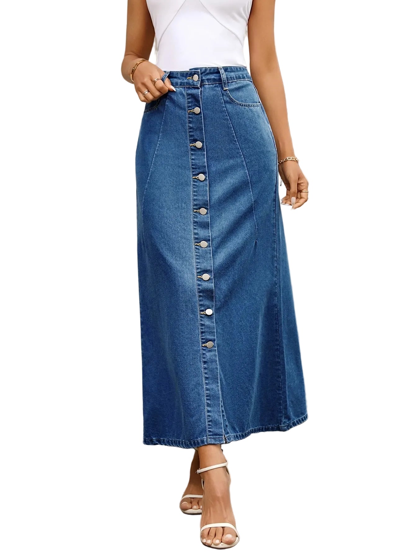 Damska Spódnica Maxi Zapinana Na Guziki Z Kieszeniami
