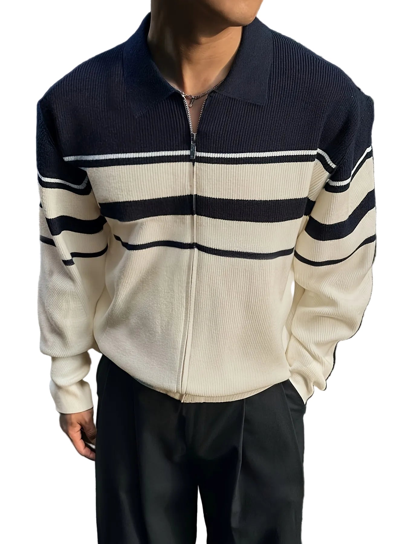 Męski Kardigan w Paski z Zamkiem Błyskawicznym