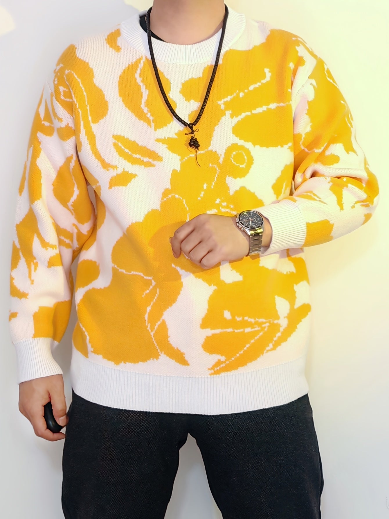 Męski Sweter Dzianinowy z Kwiatowym Wzorem