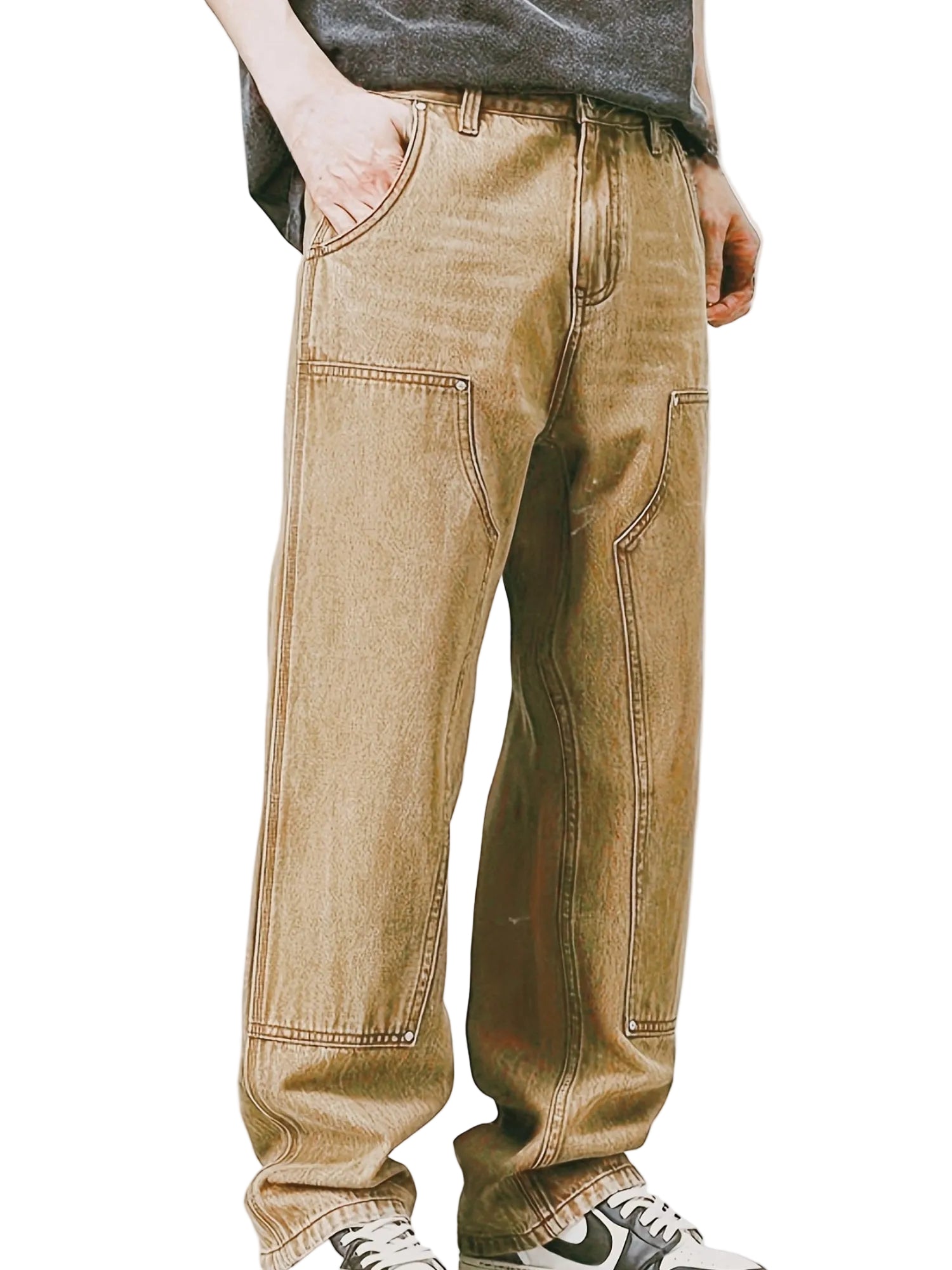 Męskie Spodnie o Prostej Nogawce z Panelami z Przodu