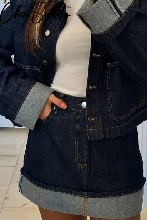 Komplet Jeansowy z Kurtką i Spódnicą Mini